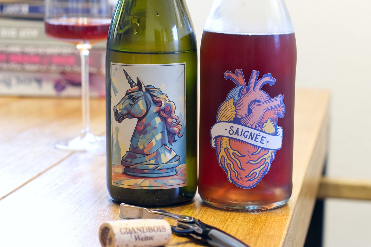 On a wooden table, there are two bottles of wine from Grandbois. A Petnat Saignée with a heart on the label and a Unicorn Knight Chardonnay with a unicorn as a chess piece on the label. In the background, there is a wine glass and a stack of books, in the foreground, a cork lies next to a waiter's knife.