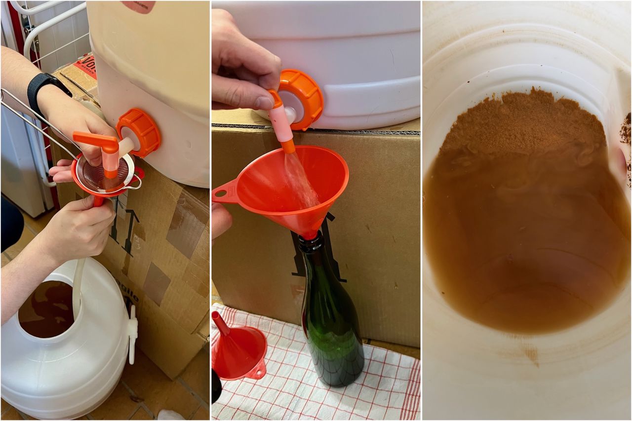 A collage with an image of how one barrel is filled into another, how a bottle is being filled with a funnel, and the sediment in a barrel after fermentation