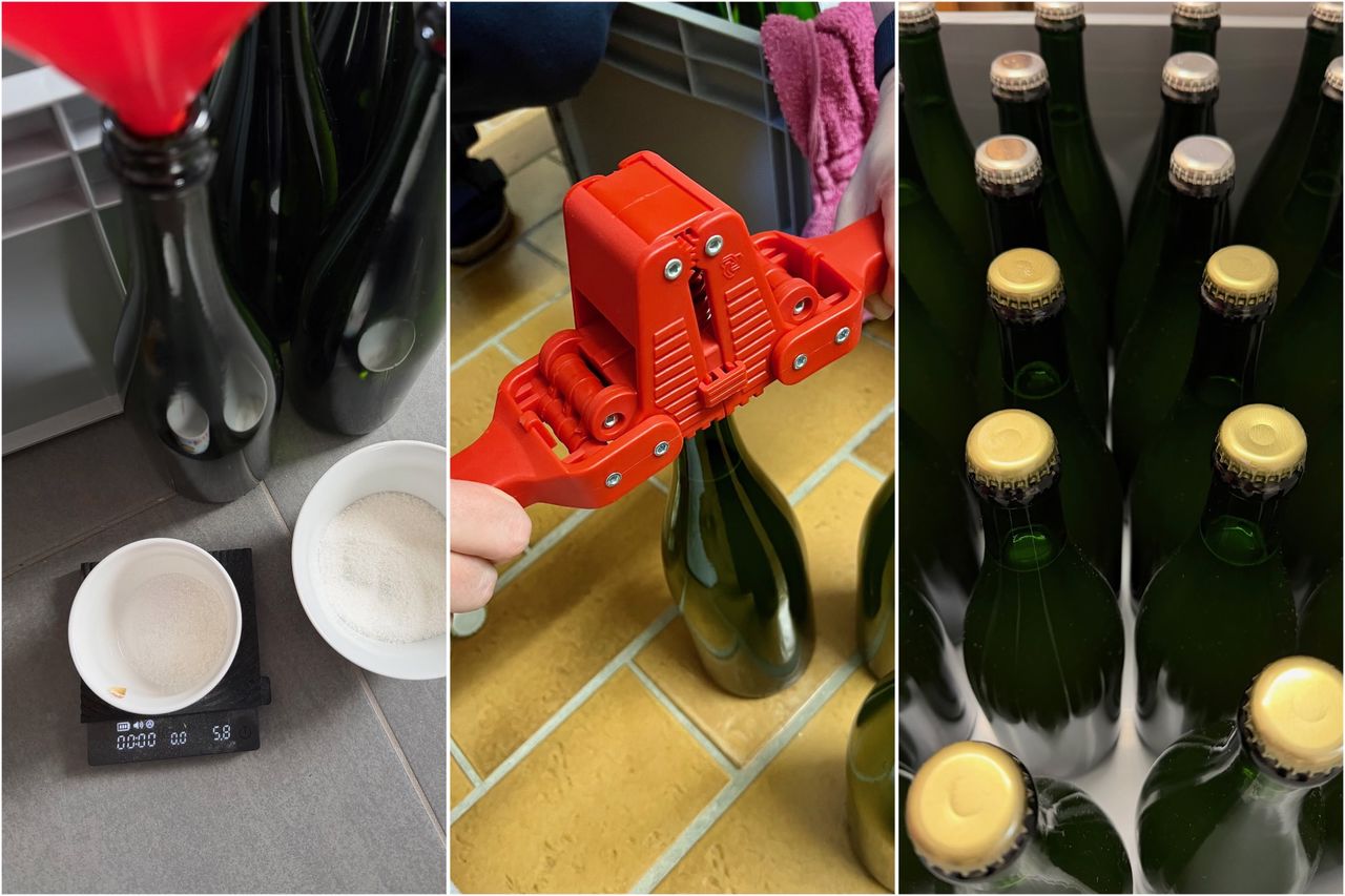 A collage with an image of sugar being weighed for the bottles, the hand-crown-capper on a bottle, and the freshly crown-capped bottles in a crate